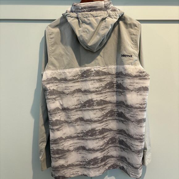 Marmot Pullover Mens Medium Gray Hooded Lightweight Anorak Jacket Mountain Print - Picture 8 of 16